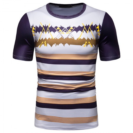 New Summer Men's Short-Sleeved T-Shirt Men's Contrast Striped Slim Casual T-Shirt