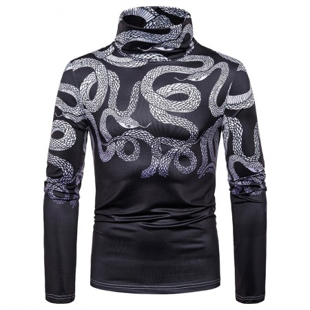 New Men's Large Size 3D Black and White Snake Print High Neck Long Sleeve T-Shirt Bottoming Shirt